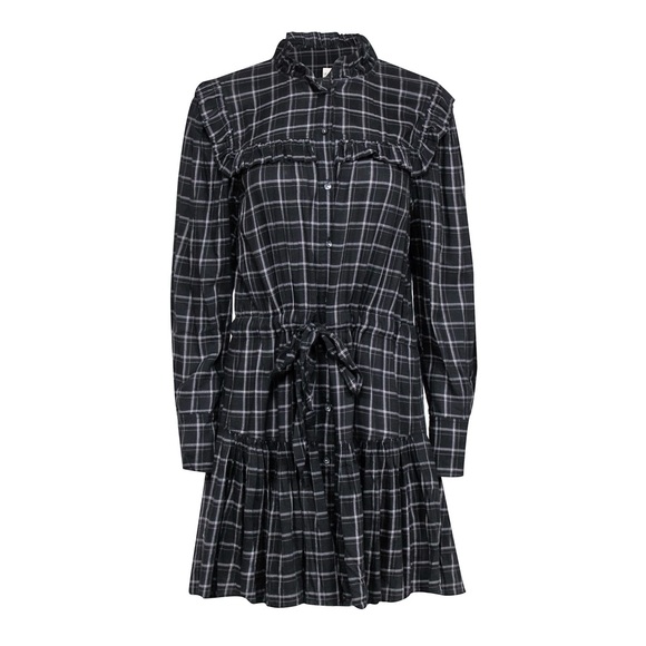 Rebecca Taylor La Vie Drapey Plaid Ruffle Long Sleeve Dress in Black Combo - Picture 9 of 16
